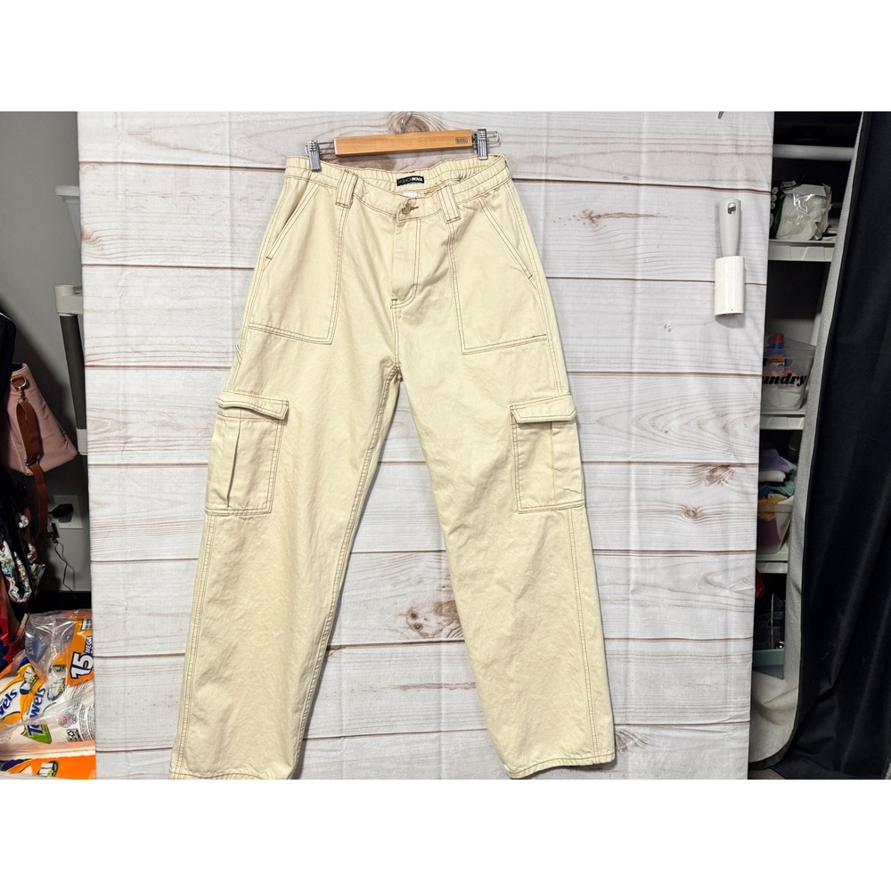 Fashion Nova Cream 90's Style Baggy Cargo‎ Pants Straight Leg Utility Denim 13